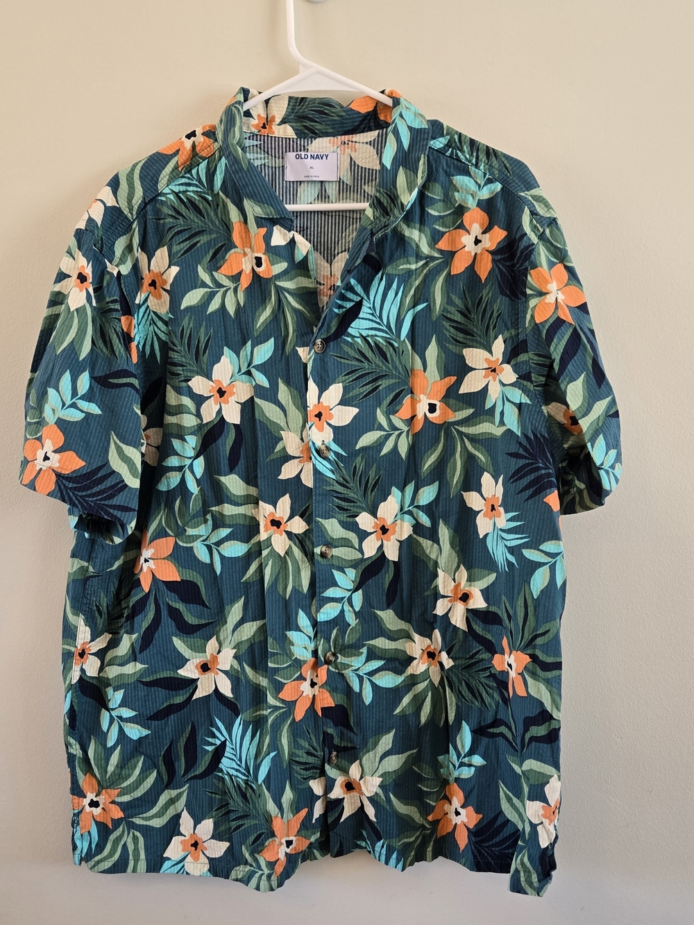 Old Navy Men's Teal Floral Short-Sleeve Button-Up Camp Shirt